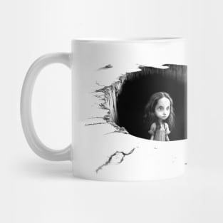 Little Girl peaking out of a hole. Mug